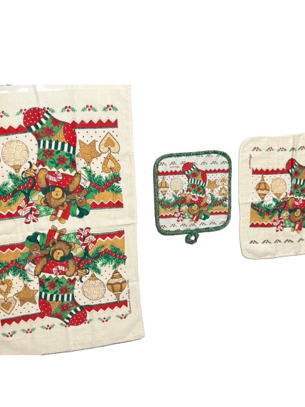 VTG Christmas Bears Signature Kitchen Hand Towel Oven Mitt Dish Cloth Set 100% C